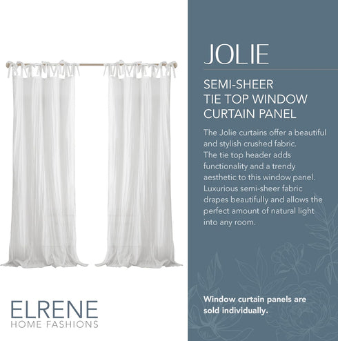 Elrene Home Fashions Jolie Crushed Semi-Sheer Window Curtain, Adjustable Tie-Top Single Panel, 52" x 84", White