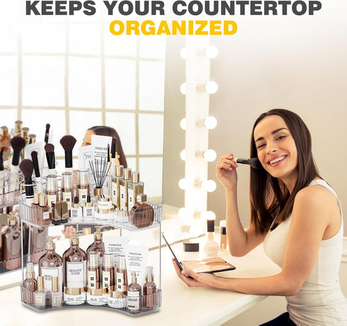 Asayuee 2-Tier Counter Countertop 2 Corner Bathroom Organizer with Top Toothbrush Holders,Large Makeup Organizer