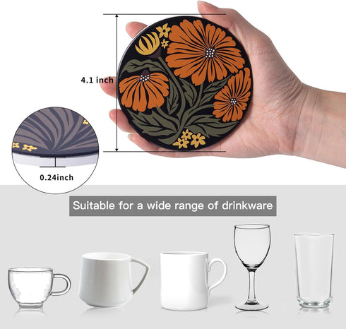 Staruby Set 6 4 Inch, Coasters Absorbent Ceramic Coaster Drink Coasters with Cork Back Beautiful Artistic Flowers