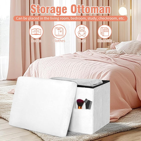 300 lbs, 17x13x13IN Storage Ottoman Cube, Small Ottoman with Storage with Thicker Furry Padded Seat. Folding Soft Fur