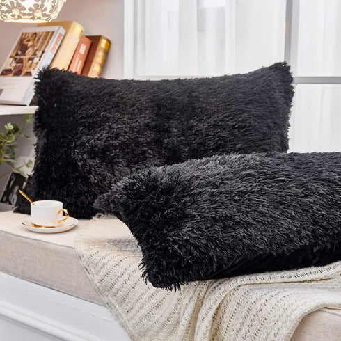 JAUXIO Long Faux Fur Soft Decorative Pillowcase, Set of 2 Velvet Shaggy Cushion Covers (20X26 Inches, Black)