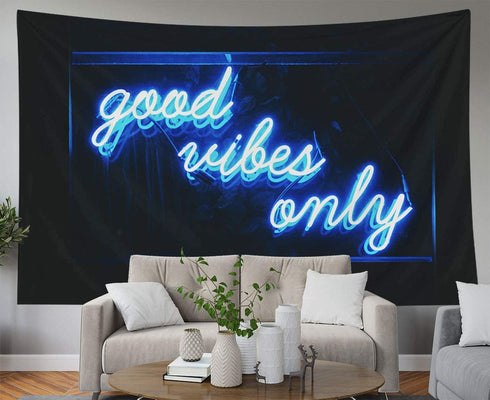 Musesh Quote Tapestry - Good Vibes Only Neon Wall Hanging, 92.5 inch W x 70.9 inch L for Bedroom Living Room