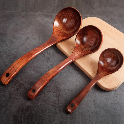 3PCS Wooden Ladle Spoon Set by HANSGO, Non-Stick Natural Teak Wood Kitchen Utensils for Cooking, Stirring, Serving