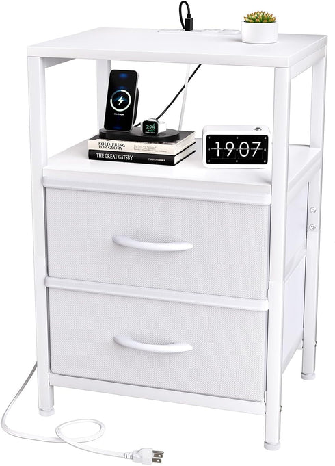 Simple Trending Side End Table with Charging Station, Tall Nightstand Bedside Table