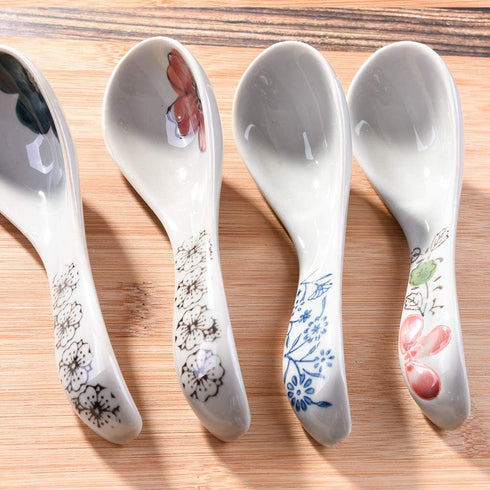 Japanese Soup Spoons Set of 4, Asian Ceramic Ramen Spoons