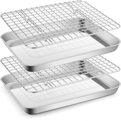 Metal Toaster Oven Tray with Rack Set - E-far 10.5”x8.3” Baking Sheet with Stainless Steel Wire Grate Rack