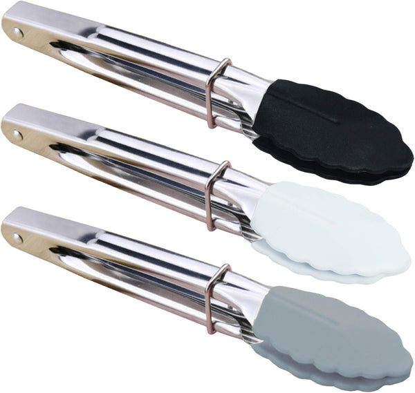 Mini Tongs with Silicone Tips, 7-Inch Small Serving Tongs, Set of 3 in Black, White, Gray