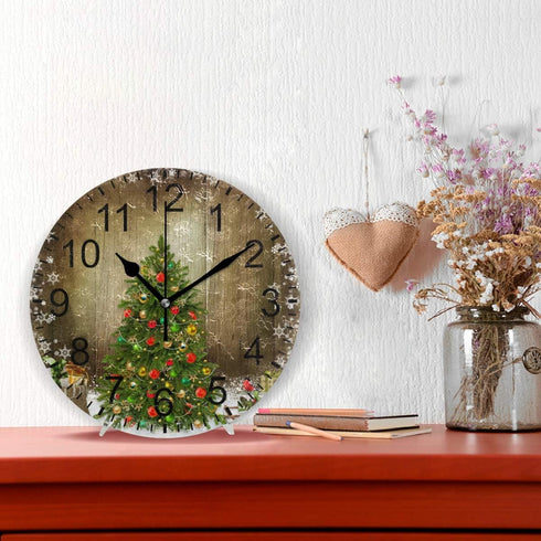Wamika Christmas Tree Wall Clock, Silent Non Ticking Round Decorative Clock, 10 Inch Battery Operated