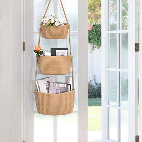 4 Hanging Storage Baskets, Over the Door Basket, Cotton Wall Baskets Storage, Hanging Door Basket with Hooks