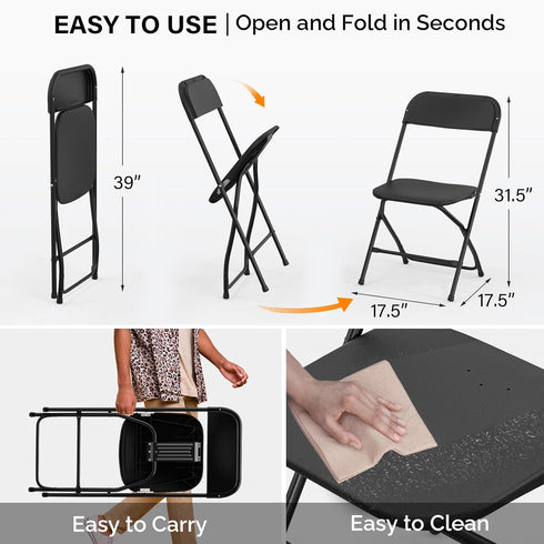 1 Pack Commercial 350lb. VINGLI Black Plastic Folding Chair, Indoor Outdoor Portable Stackable Seat with Steel Frame
