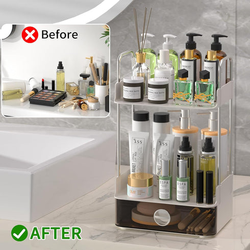 Bathroom Counter Organizer, 2 Tiered Countertop with Drawer for Makeup and Skincare Storage, Desktop, Bathroom (White)