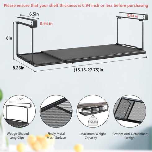 SHINEWON 0.94 Inches 1 Pack, 6" 8.26" Expandable Under Cabinet Shelf, Extendable Under Shelf Storage with Thick Clips