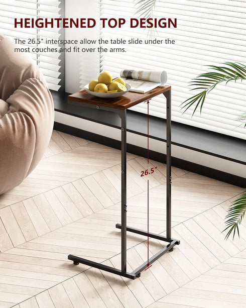 Vantic C Shaped End Table, Small Couch Side Table with Storage Bag, Rustic Brown Metal Frame for Living Room