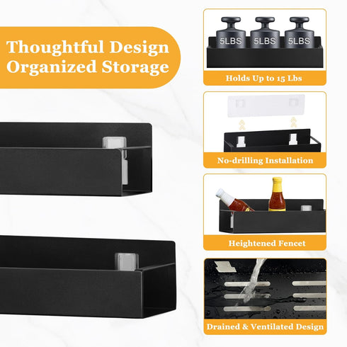 Kitchen Spice Rack for Wall - 13.8" Black Large Adhesive Hanging Spice Racks, 2 Packs Storage Organizer