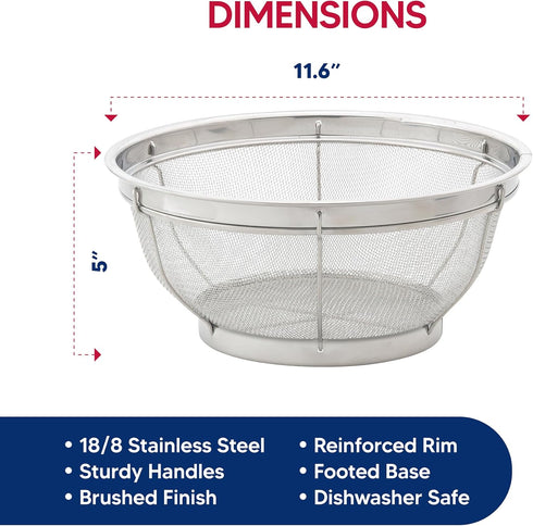 HIC Kitchen Reinforced Mesh Colander, 11.5-Inch, 18/8 Stainless Steel