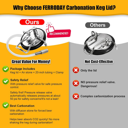 FERRODAY Carbonation Keg Lid for Corny Keg - Stainless Steel 304 with 20" Tube Diffusion Stone