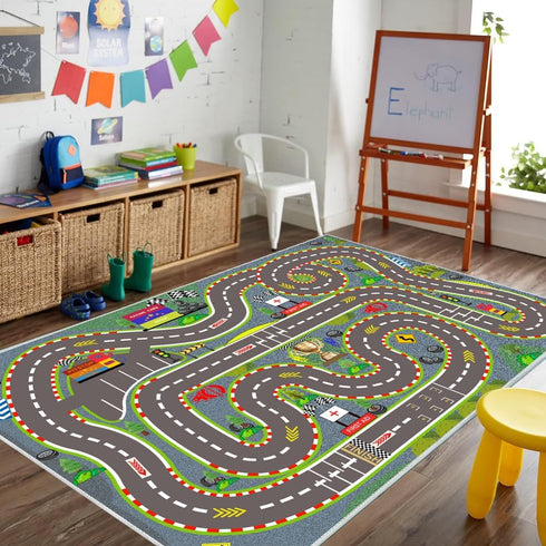 4731 3D Kids Rug, Race Track Playmat Rugs in Kids Carpet with Rubber Backing, Start and Finish line Racing Track