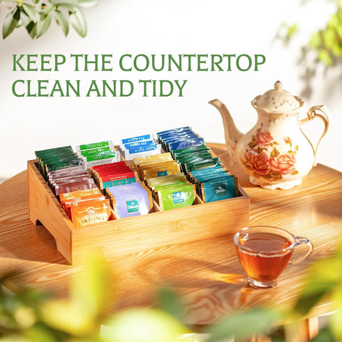 Tea Bag Organizer - Bamboo Storage with 12 Compartments for Tea Bags, Natural Bamboo for Kitchen Cabinet