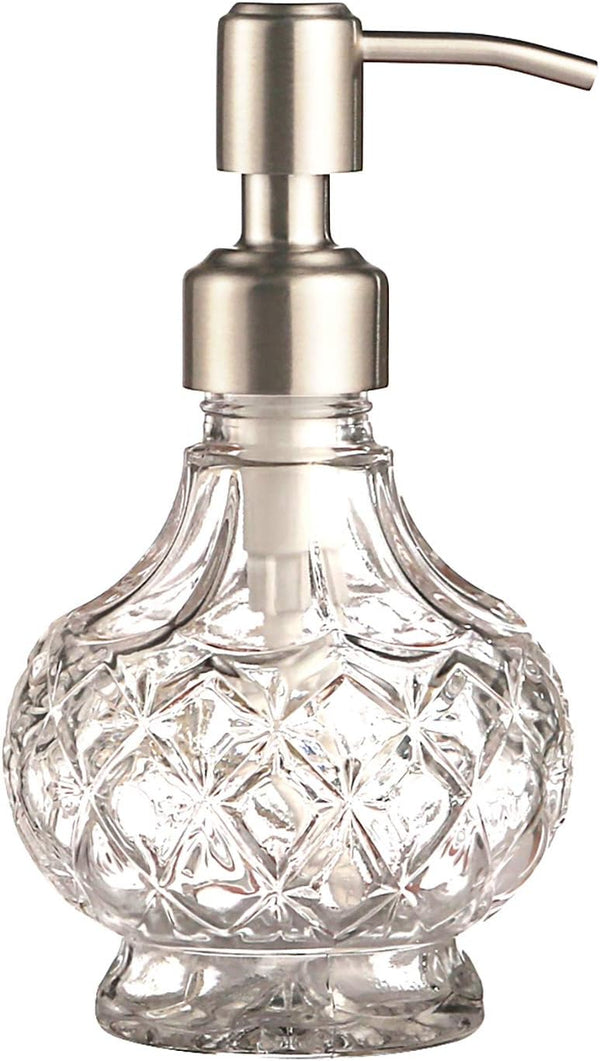 Soap Dispenser with Stainless Steel Pump, Clear Crystal Design, Vintage Elegant Refillable Liquid Hand Soap Dispenser