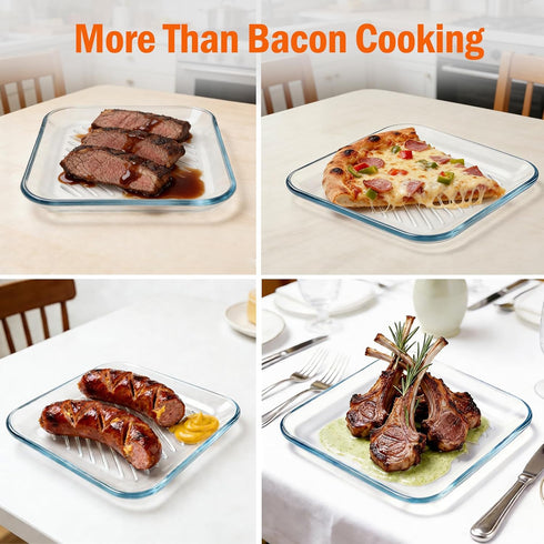 9.84inch, Microwave Bacon Cooker Pan, Square Glass Bacon Tray for Microwave and Oven Cook Crispy Strips in Minutes, No
