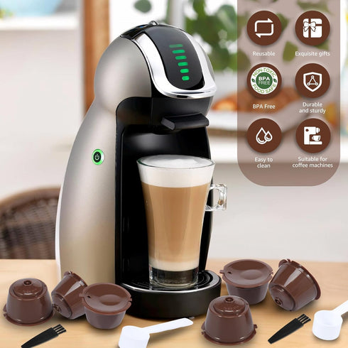 6 Pcs Refillable Coffee Pods Kit, 5.4x3.5 cm Food Grade PP Coffee Capsule with 2 Spoon and 2 Brush
