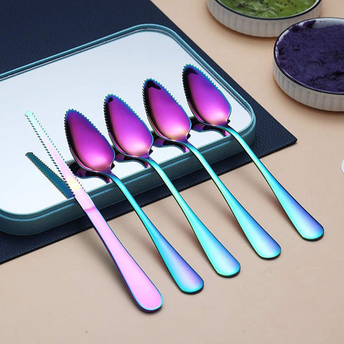 Rainbow Grapefruit Spoons 5 Pieces Set, 4 Stainless Steel Grapefruit Spoon And 1 Grapefruit knife With Titanium Plating, Grapefruit Utensil Set, Serrated Edges Spoon pack of 5 (Rainbow) by HOMQUEN