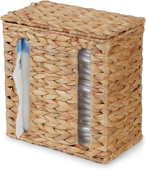YANGQIHOME Trash Bag Dispenser with Lid, Water Hyacinth Plastic Bag Holder &