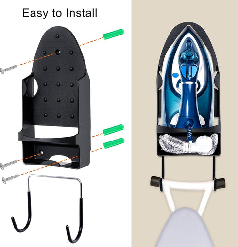 Ironing Board Hanger Wall Mount, Heat Resistant Iron Holder with Rack for Max 5 Inch Width, Black