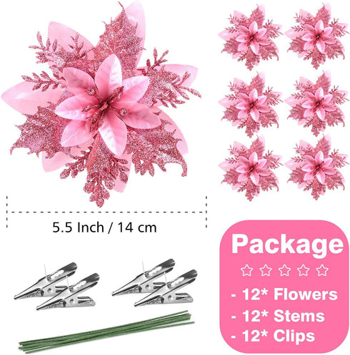 Christmas Poinsettia Artificial Flowers, 12 Pcs Glitter Picks for Wreaths Garland Decoration for Xmas