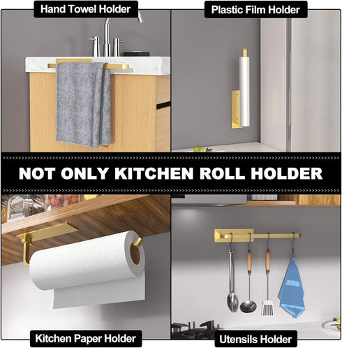 Paper Towel Holder - Self-Adhesive or Drilling, Gold, Upgraded Aluminum Kitchen Roll Dispenser Under Cabinet, Lighter