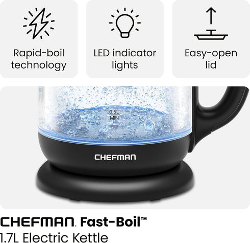 Chefman 1.7 Liter Electric Glass Tea Kettle, Fast Hot Water Boiler with One Touch Operation