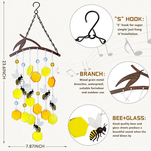 X-PREK 23" Bees Wind Chimes for Outside, Unique Stained Glass Garden Decor, Windchimes Outdoors Suncatcher Gift for