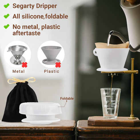 Segarty Pour Over Coffee Dripper, 1 Set White Collapsible Silicone Dripper with Storage Bag, Single Cup Slow Brewer