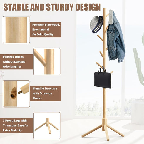 Haddockway Wooden Coat Rack Stand with 8 Hooks, New Zealand Pine Adjustable Coat Tree for Entryway, Hallway