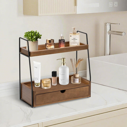 2-Tier Countertop Counter Bathroom Organizer with Drawer, Wood Organizer for Bathroom Decor, Sink Shelf for Vanity