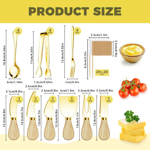 Gold Charcuterie Utensils Set, Cheese Butter Spreader Knife with Wooden Handles, Small Serving Tongs and Forks