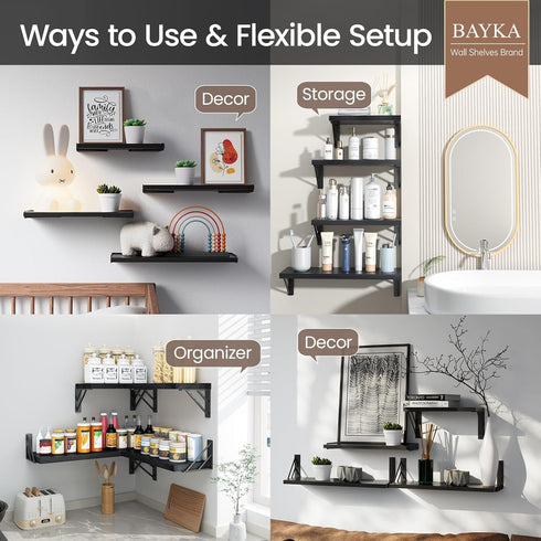 OrganizerBlackSet 3 BAYKA Wall Mounted Floating Shelves, Wood Floating Wall Shelf for Books & Decor, Small Space-Saving
