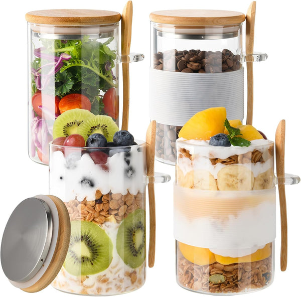 Glass Overnight Oats Containers with Lids and Spoons, 4 Pack 16oz Over