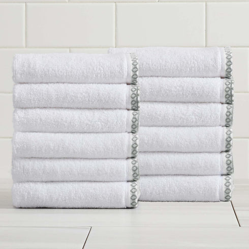 Great Bay Home White/Green Washcloth Set - Ultra-Soft Cotton, Boho-Chic Border Design