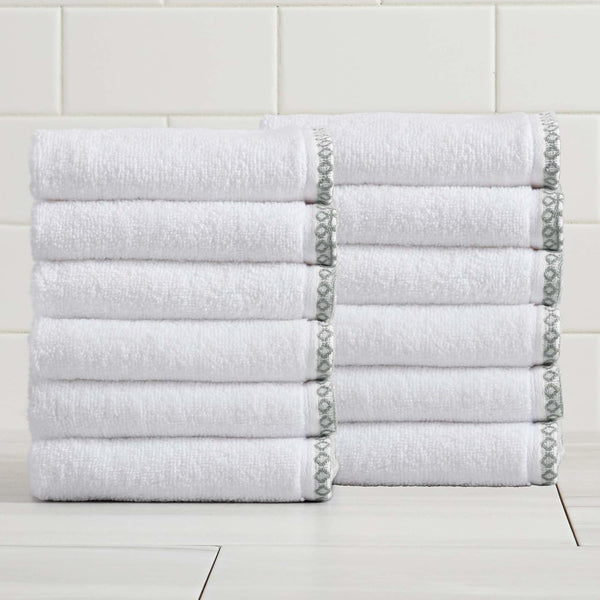 Great Bay Home White/Green Washcloth Set - Ultra-Soft Cotton, Boho-Chic Border Design