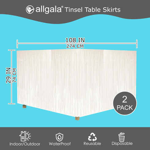 allgala White Tinsel Table Skirt 2-Pack - 29x108 Inch Metallic Foil Fringe Skirts for Party Decoration