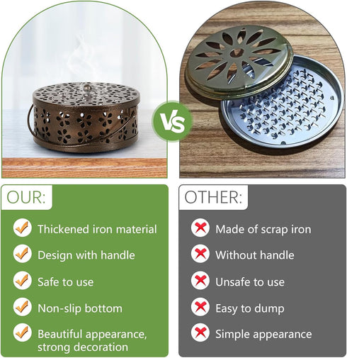 Portable Iron Mosquito Coil Holder with Handle, Round Heat-Resistant Incense Holder (Bronze)