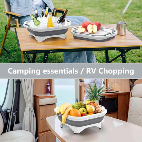 HI NINGER Collapsible Cutting Board with Knife, Multifunctional Silicone Dish Tub for Camping Kitchen Essentials