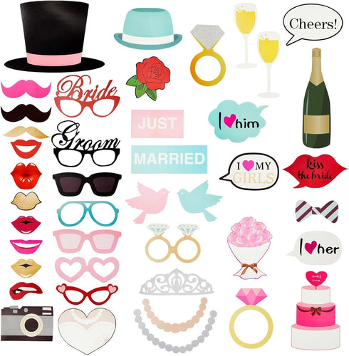 72 Pieces Wedding Photo Booth Props for Bridal Shower, Bachelorette Party, Selfies with Sticks and Stickers