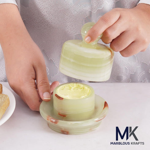 4 Inch Countertop Mini Marble Butter Dish Green Onyx Butter Crock with Lid, Spreadable Butter Container for and Kitchen