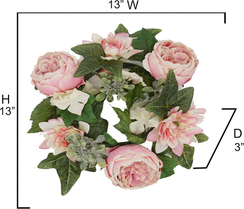 Admired By Nature 13" Artificial Peony Greenery Wreath Candle Rings Floral Decor for Home, Wedding, Valentine's Day,