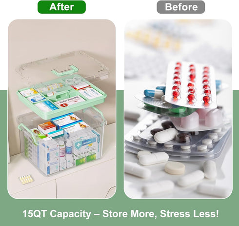 15QT ANYPROLUS Clear Medicine Organizer Box with Handle, Plastic Medicine Container with Tray First Aid Box Empty