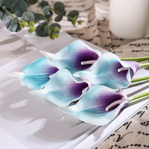 Duovlo 20pcs Calla Lily Artificial Flower Wedding Bouquet (Purple in Blue) | Real Touch Home Party Decor