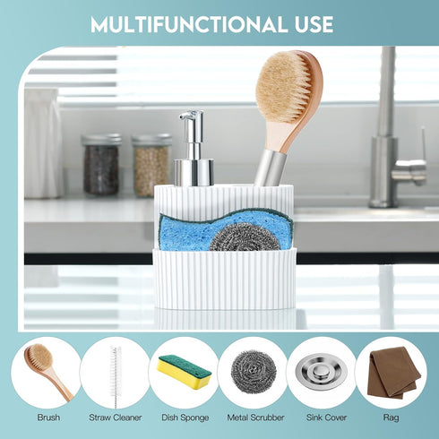 3 1 Countertop Shinowa Soap Dispenser with Sponge Holder, Marble Look Liquid Hand and Dish Soap Dispenser and Sponge