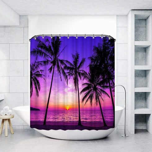 Sunset Beach Tropical Palm Tree Shower Curtain, Waterproof Fabric Bathroom Decor with 12 Hooks, 72x72 Inches
